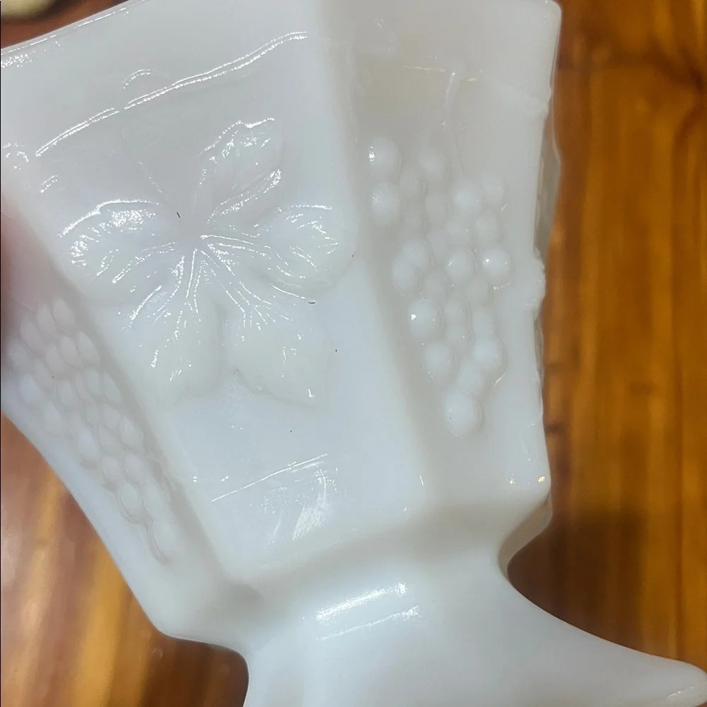 Vintage White Milk Glass Octagonal Vase Dish with Grape Design